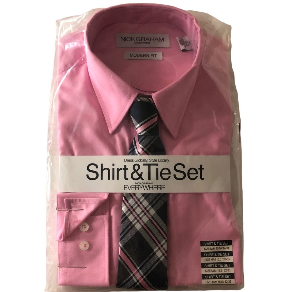 𝅺Nick Graham Preppy Pink Dress Shirt Tie Plaid Gift Set